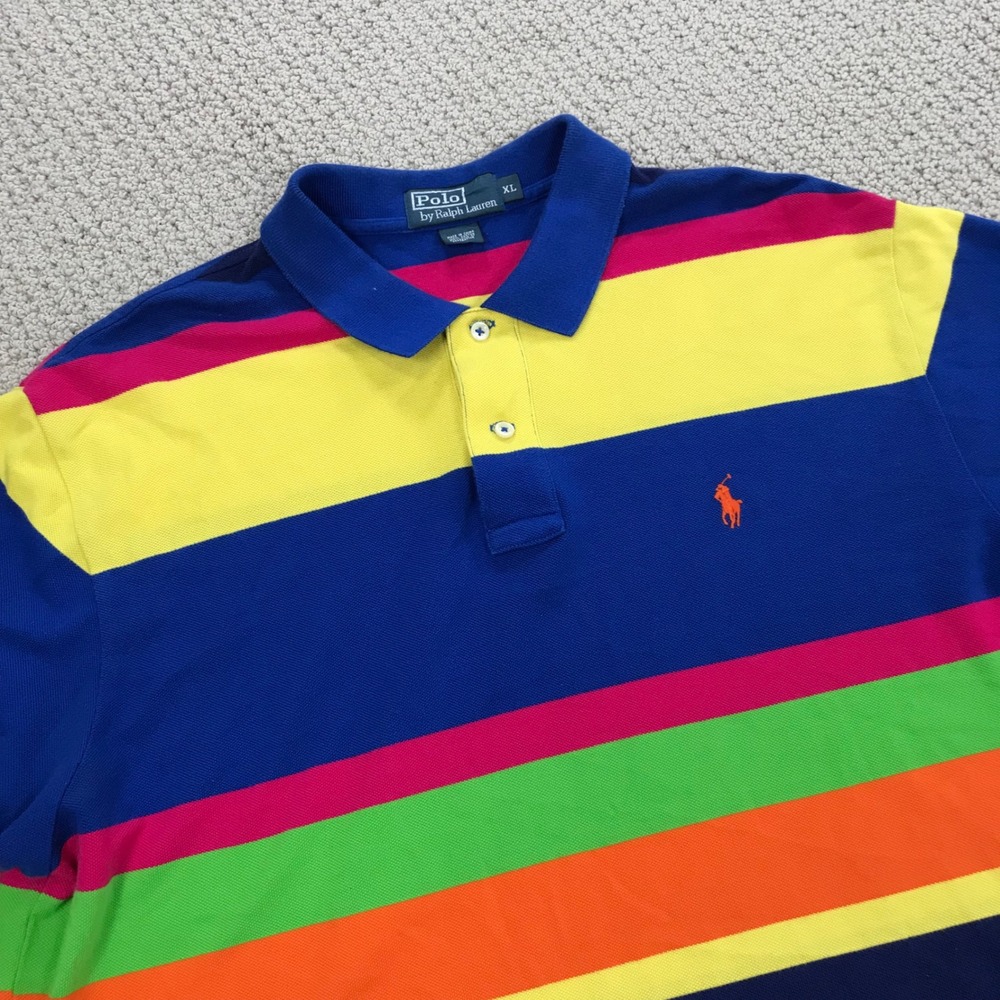 Polo Ralph Lauren Mens XL Multi Color Rainbow Stripe Cotton Pique Polo Shirt